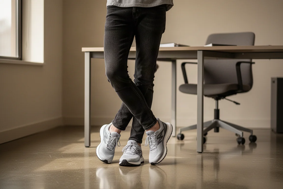Zapatillas de running casuales combinadas con vaqueros en una oficina del día a día