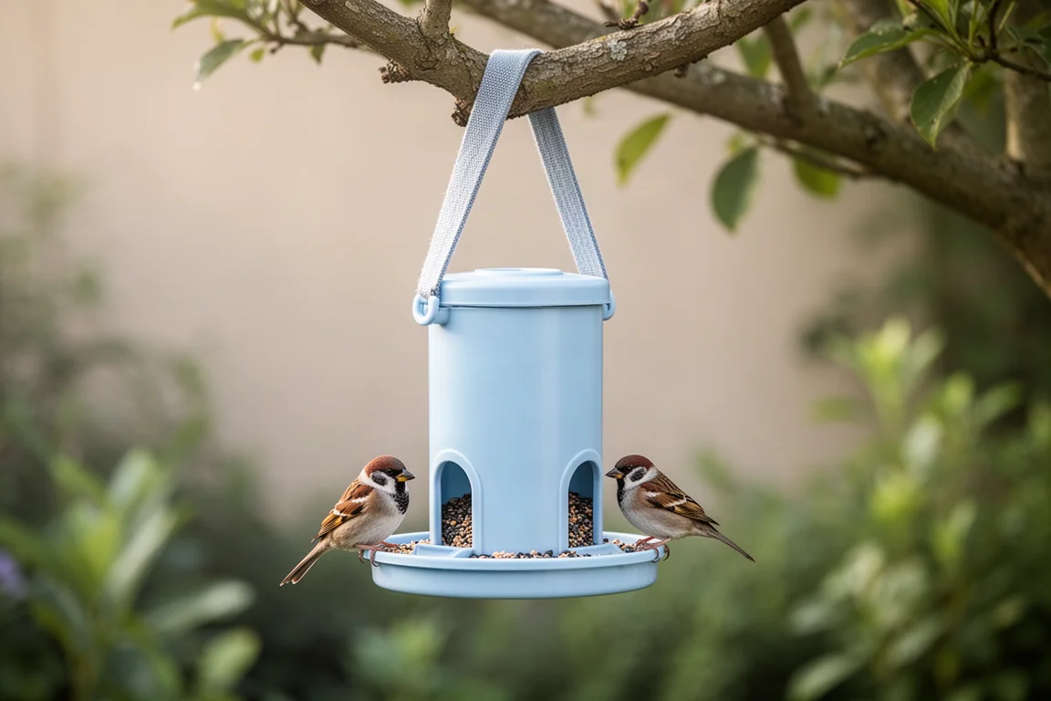 Smart bird feeder hanging from a balcony railing with a tree strap