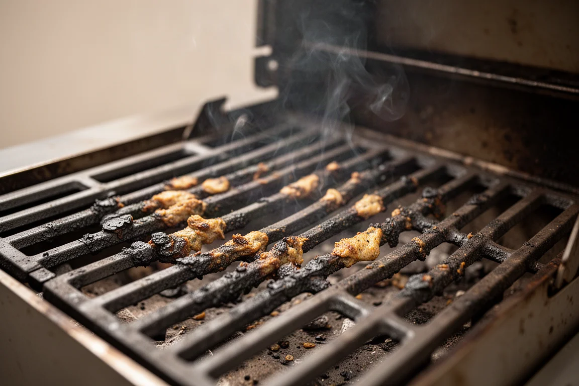 A grill grate with bits of burnt food being scrubbed clean