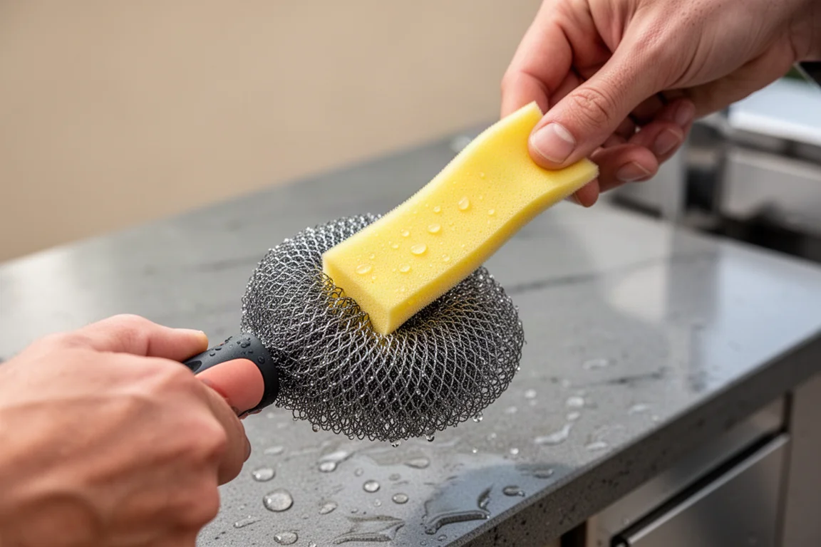 Hand pulling the yellow removable sponge tab from the cleaning tool