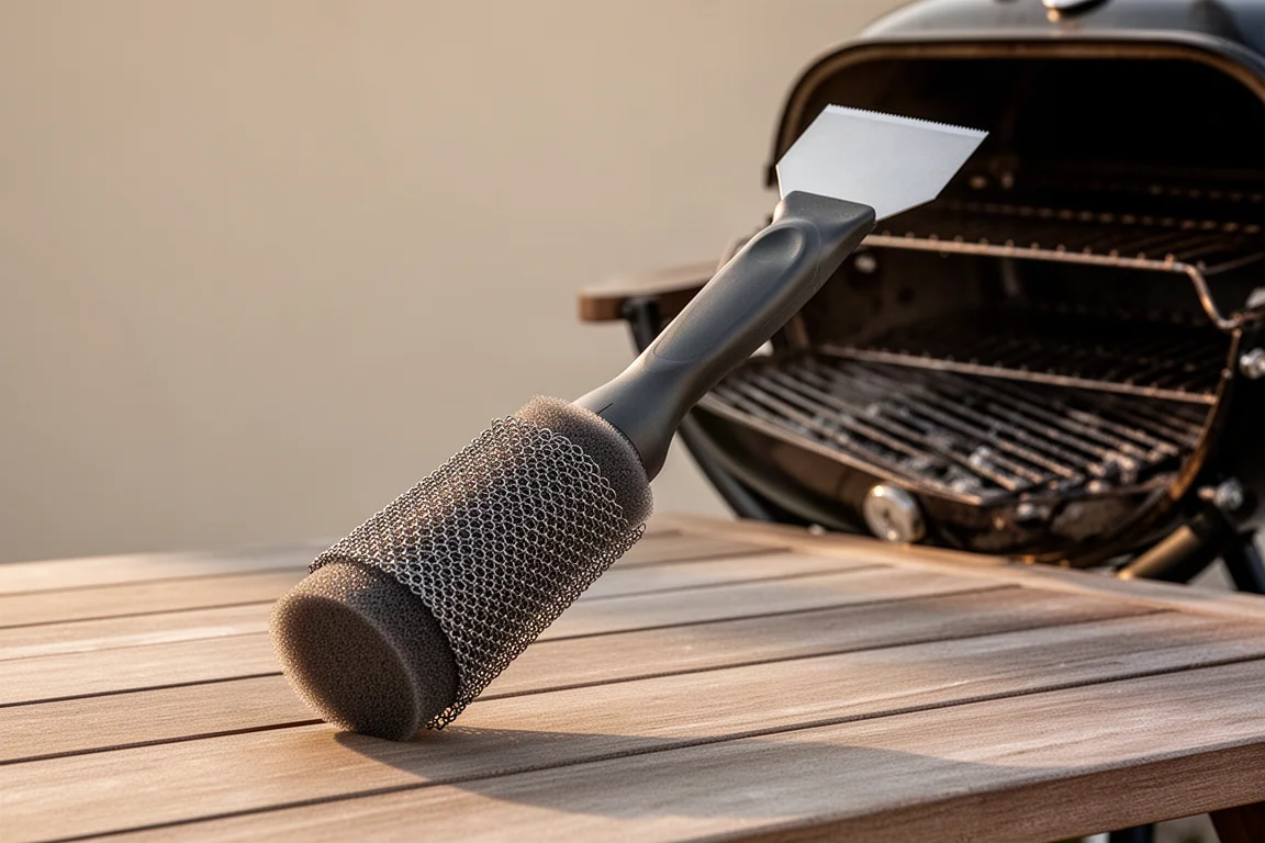 Grill cleaning tool with mesh-wrapped foam head resting beside a charcoal grill