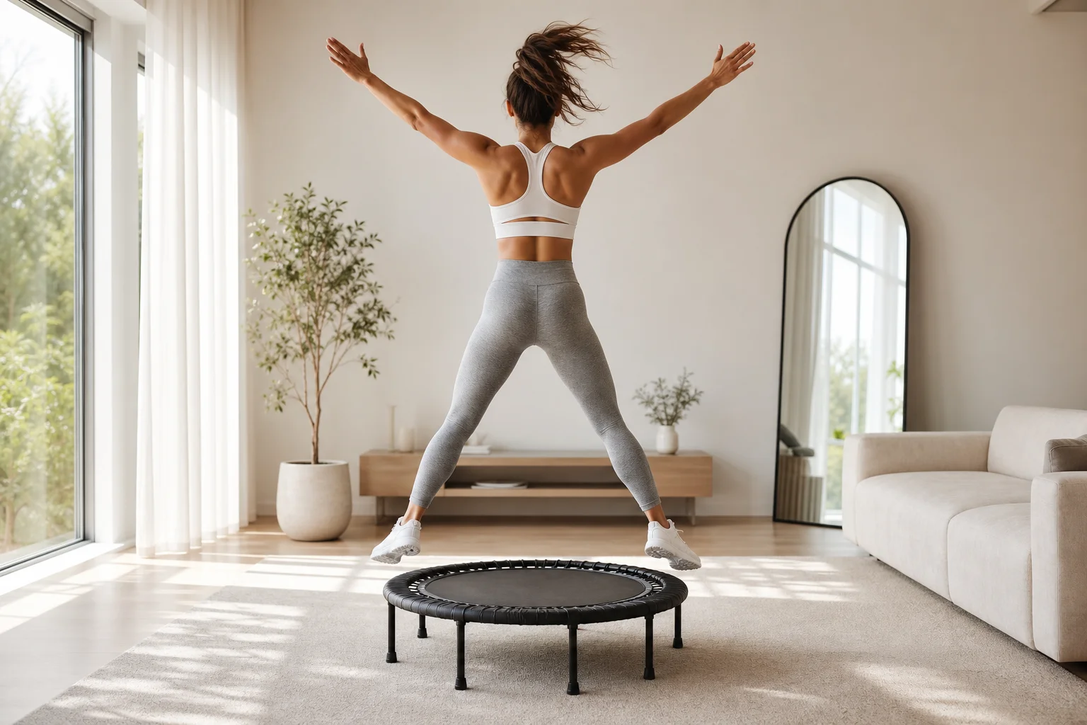 Person doing jumping jacks on mini trampoline in bright living room