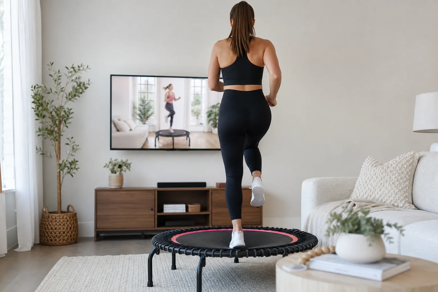 Person rebounding in front of television in bright modern home setting
