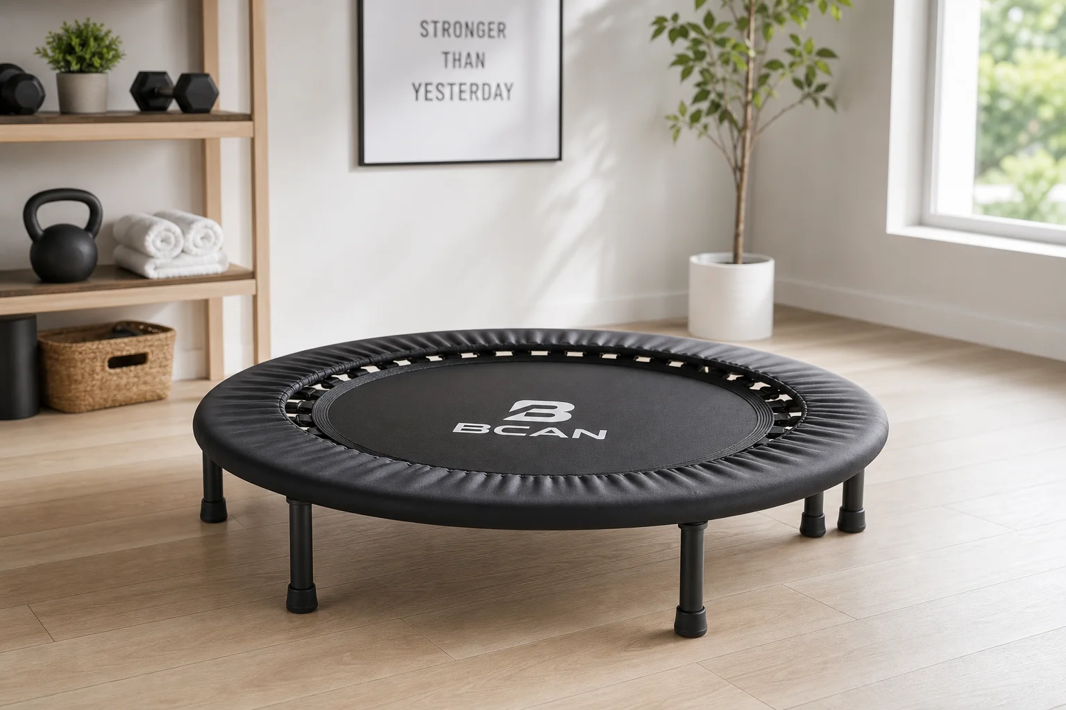 BCAN mini trampoline rebounder with bungee cords on wooden floor in bright home gym