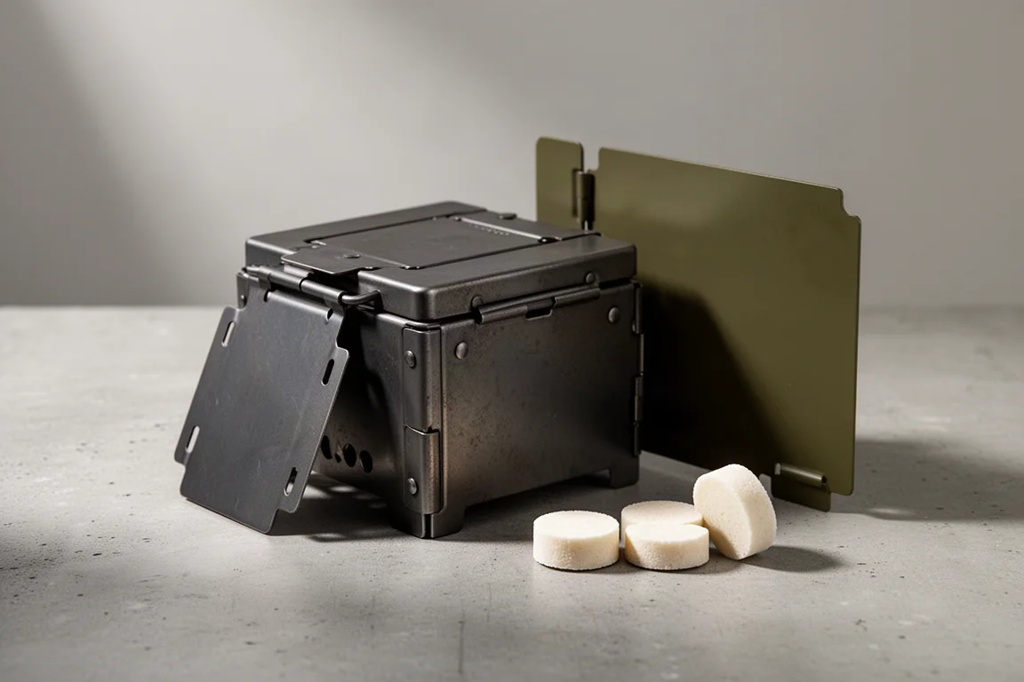 Folding solid fuel camping stove with windscreen panel and pale fuel tablets on concrete