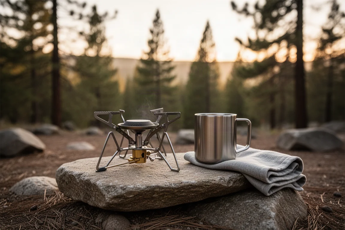 Kit de feu compact disposé sur du béton avec gobelet en acier, réchaud pliable et cubes combustibles