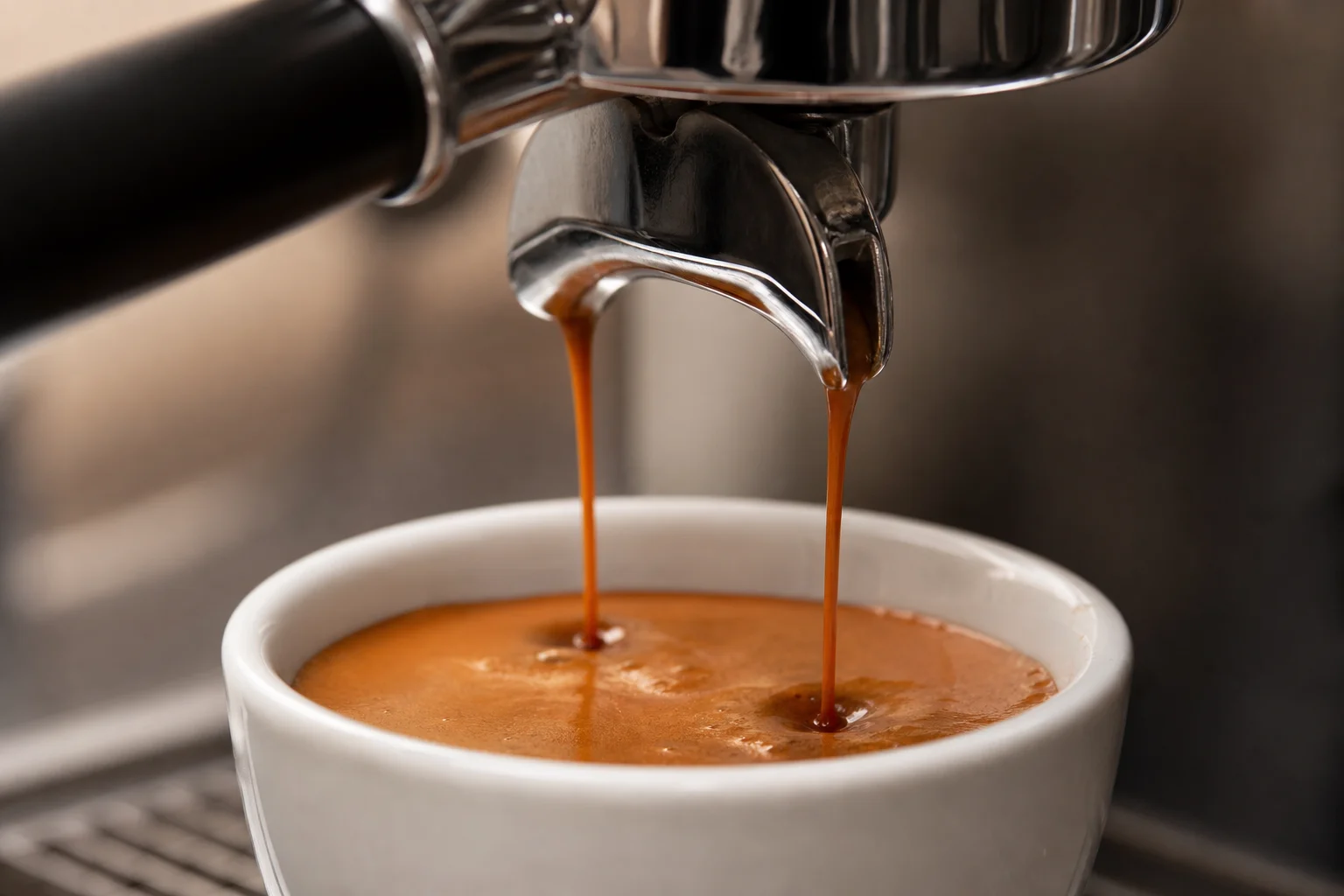 Espresso pouring into a white cup with rich crema layer