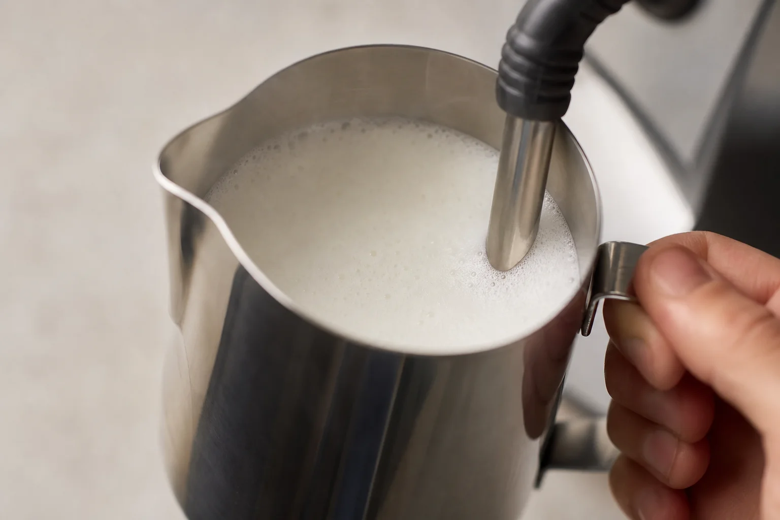 Milk steaming in a pitcher showing microfoam texture development