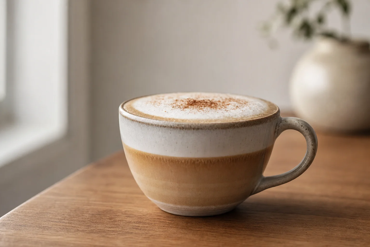 Finished cappuccino with layered milk and espresso foam in ceramic cup