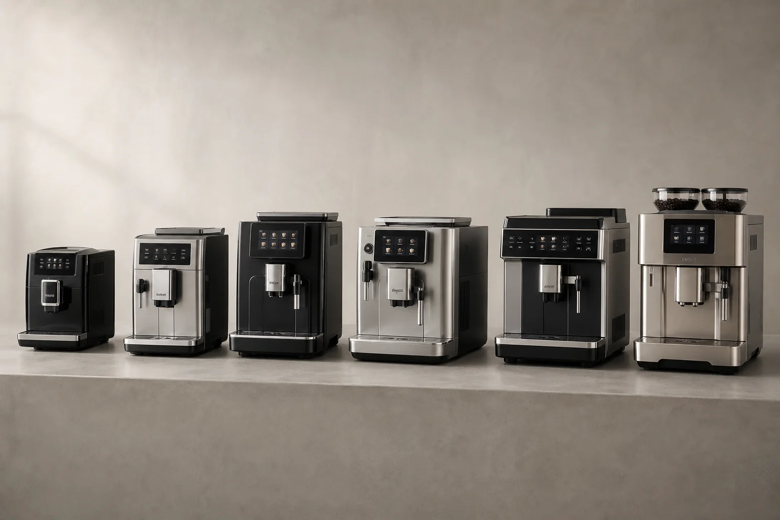 Six bean-to-cup espresso machines arranged in a line showing size progression from compact to large