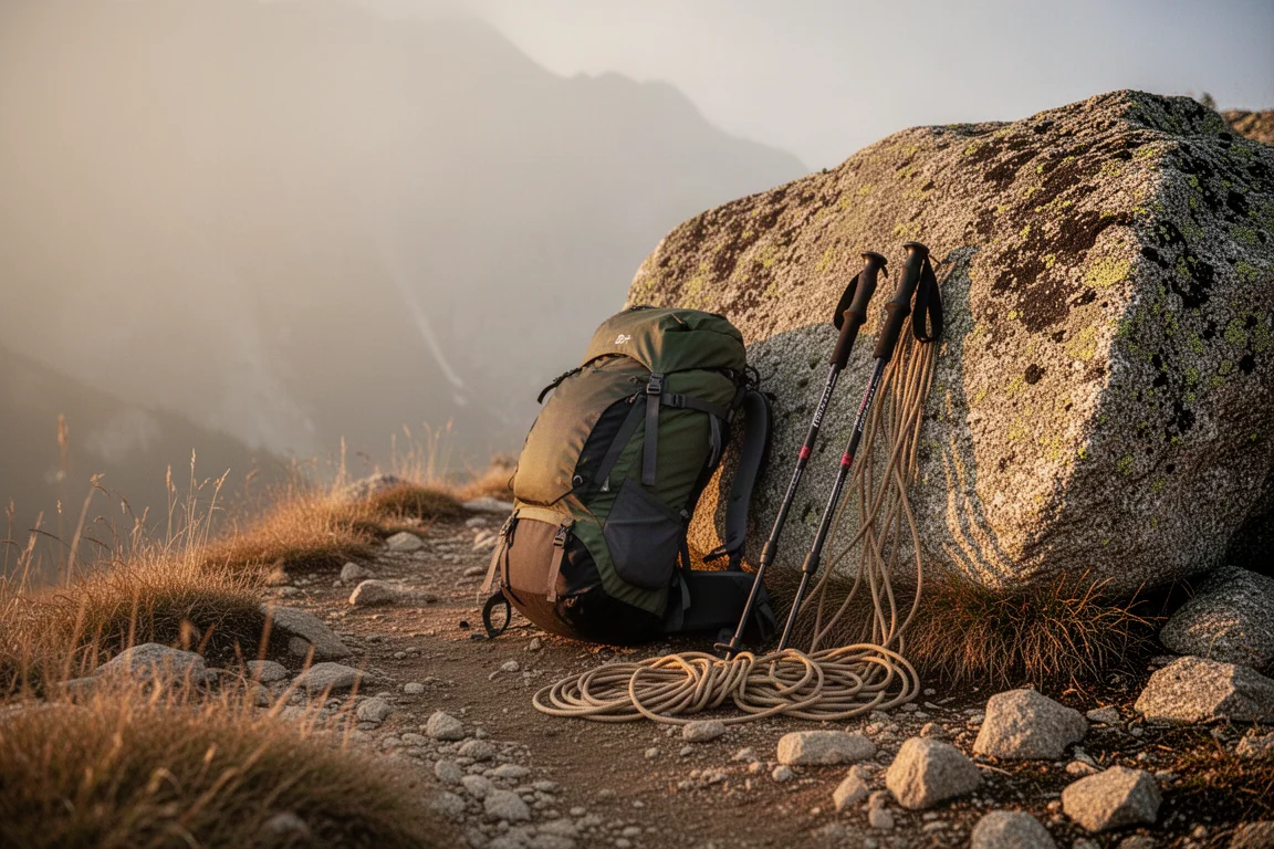 Zaino carico appoggiato a un masso di granito accanto ai bastoncini da trekking all'ora dorata