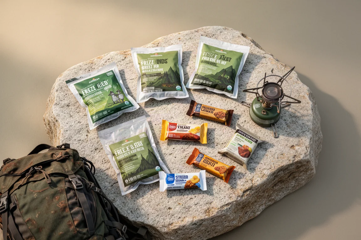Freeze-dried meal pouches and snack bars laid out on a granite slab beside a hiking backpack