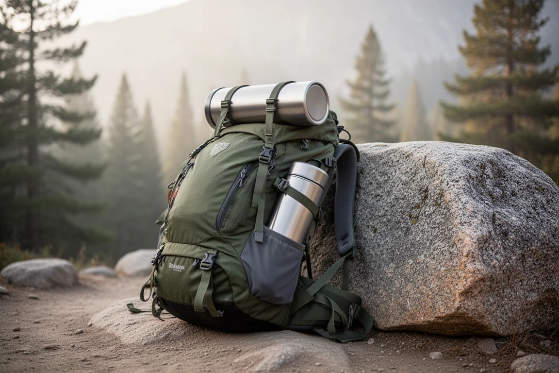 Cylindrical food canister strapped to the top of a loaded backpack at a trailhead