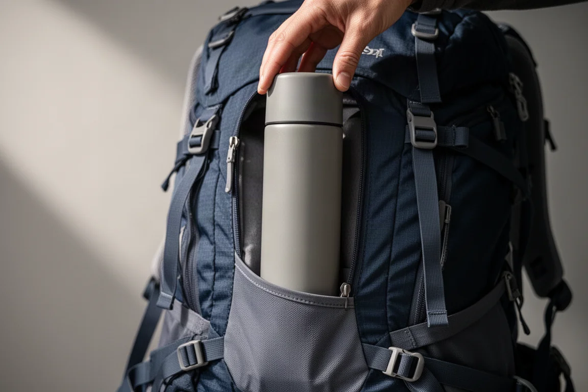 Slim cylindrical container sliding into the tall side compartment of a backpack