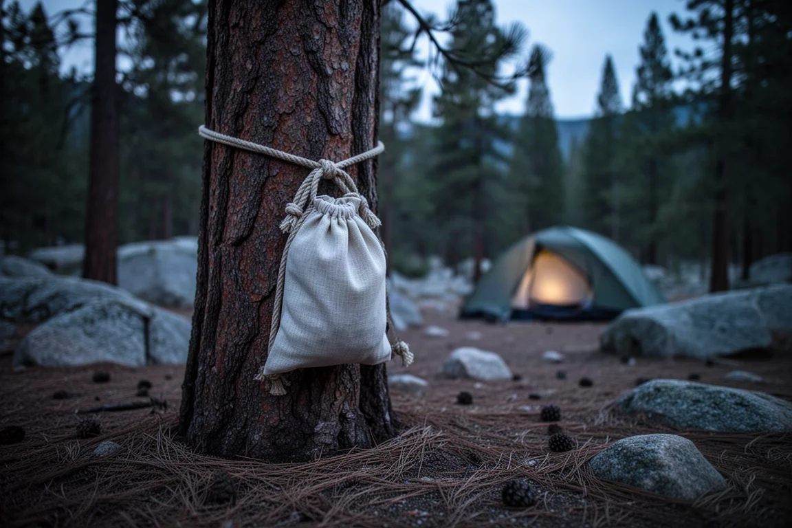 Soft food sack tied with rope to a pine trunk at a dusk campsite
