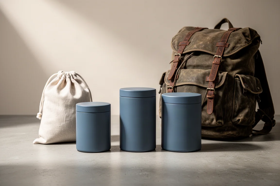 Hard-sided food canisters, a soft food sack and a hiking backpack arranged on concrete