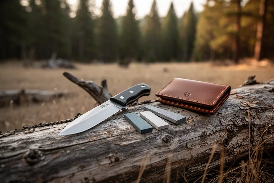 Scène de campement d'un randonneur avec un couteau à lame fixe posé sur une bûche à côté d'outils d'aiguisage