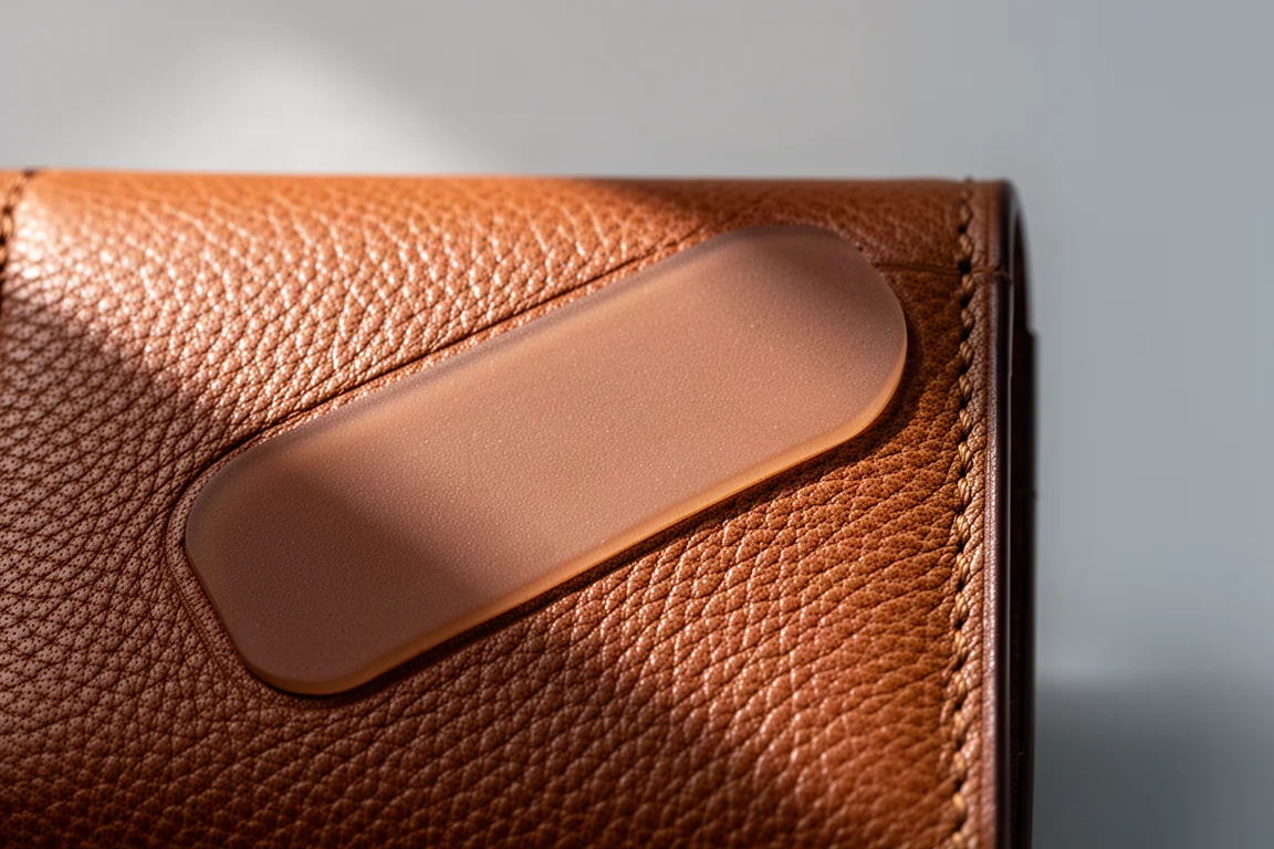 Arrière d'un portefeuille en cuir marron montrant un panneau de raffermissage en cuir collé non cousu
