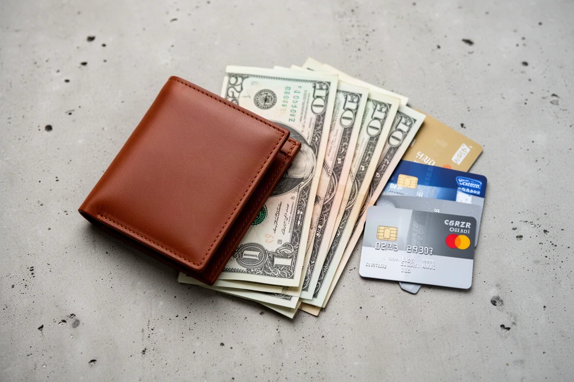 Billets pliés et quelques cartes de crédit posés sur un bureau à côté d'un portefeuille fin en cuir