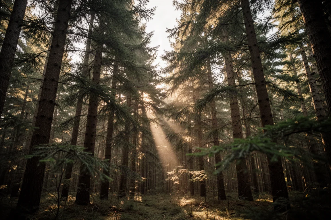 Looking up through dense conifer forest with short branches and filtered afternoon light