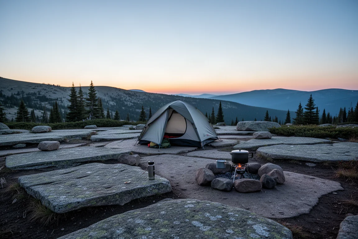 Granite high-country campsite at dusk with a tent and a separate cooking area