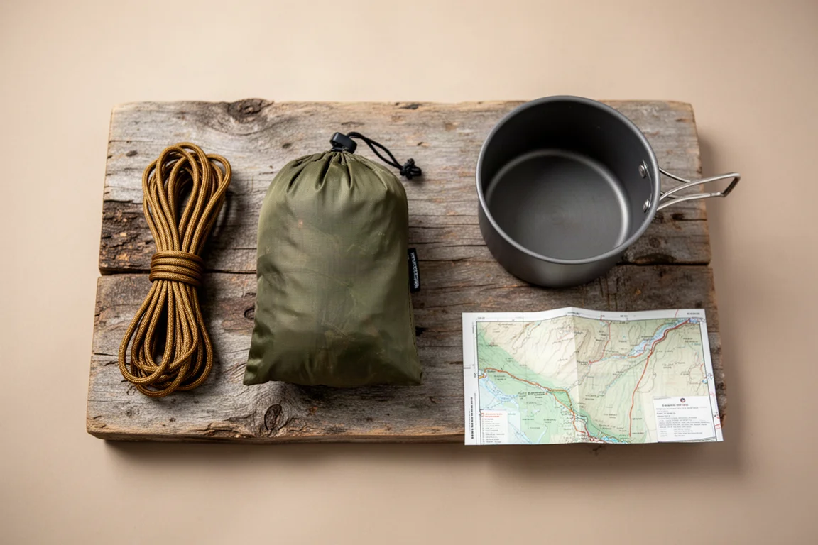 Overhead flat lay of coiled cord, stuff sack, cook pot, and map on weathered wood