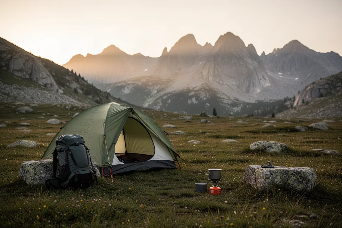 Subalpine meadow campsite at sunset with a tent and distant granite peaks