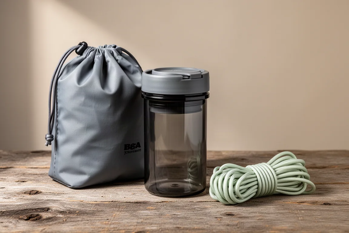Bear-resistant fabric bag, hard-sided canister, and slick bear line arranged on weathered wood