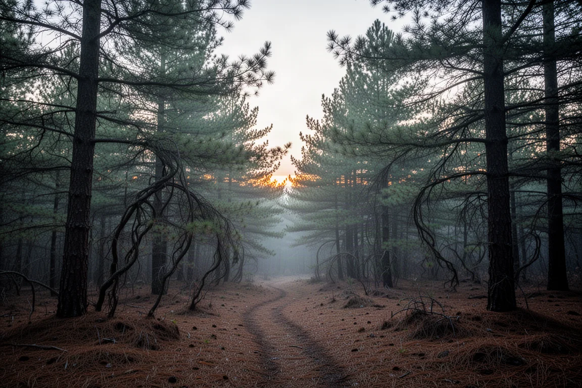 Backcountry campsite at blue hour with a tent among pine trees and mist
