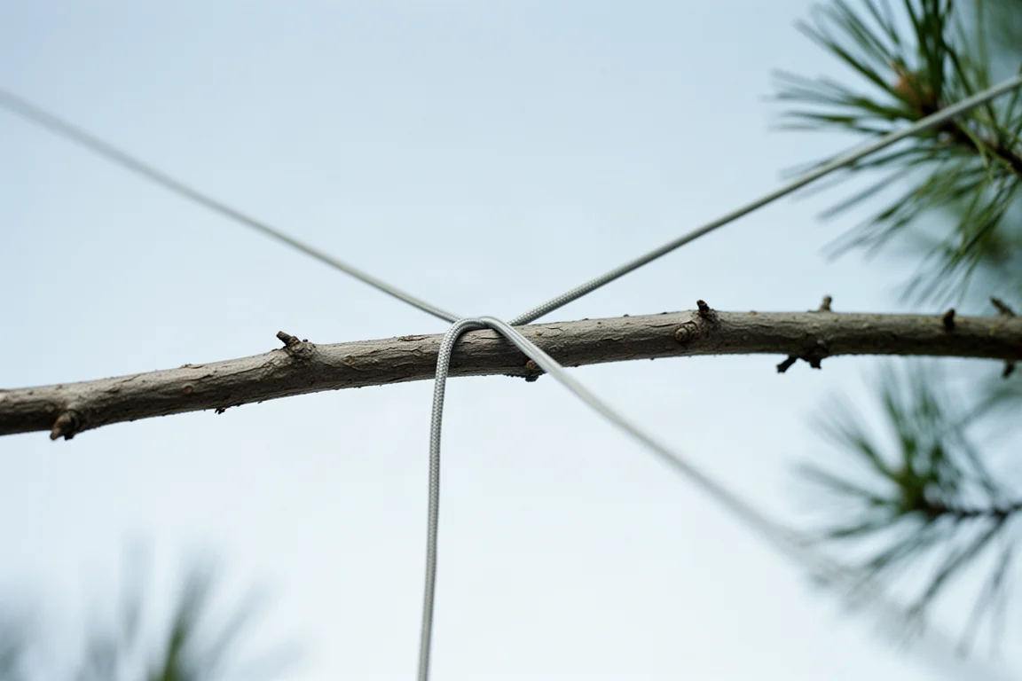 Food bag hanging from a high tree branch in a forest at dusk