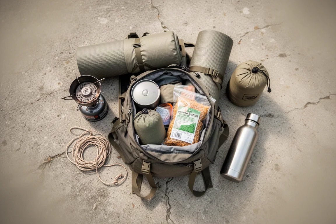 Overhead flat-lay of map, water treatment bottle, socks and trowel on concrete
