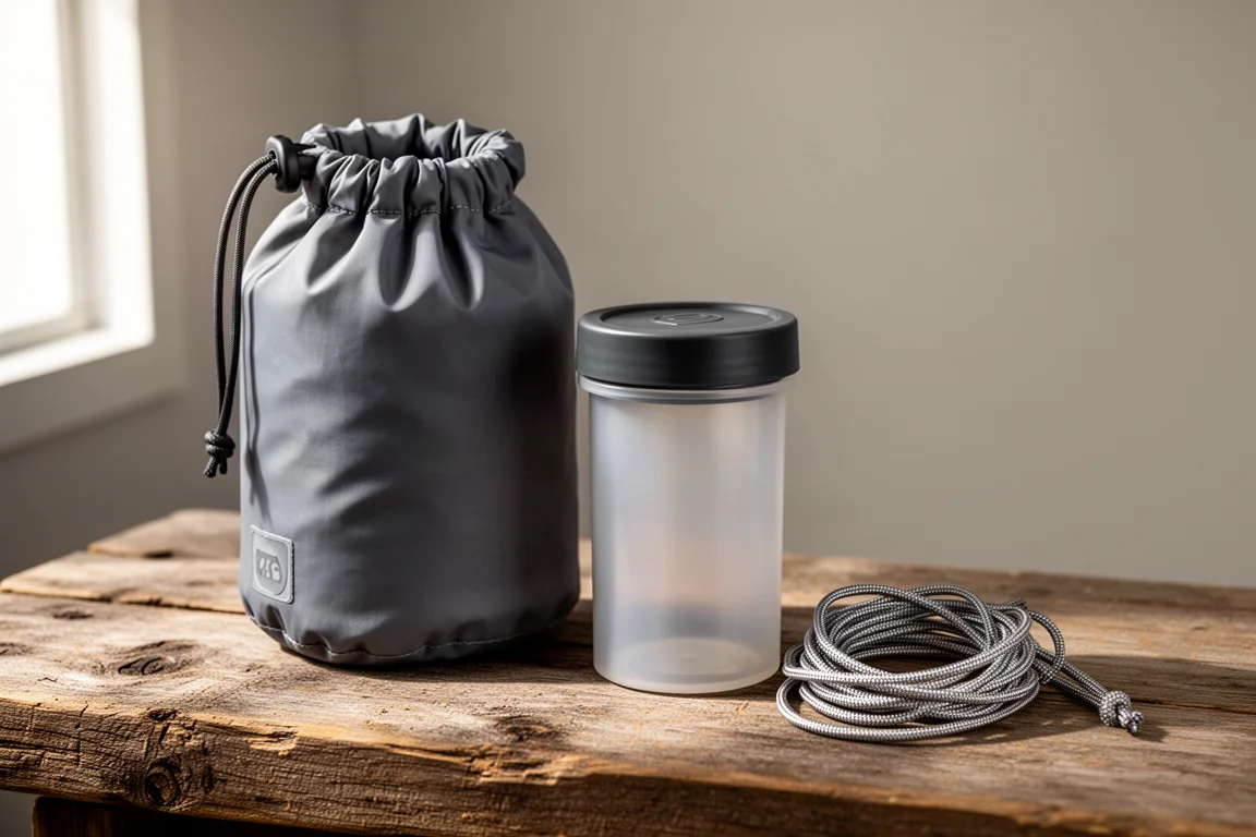 Two hard-sided bear canisters and a soft food bag arranged on a concrete surface