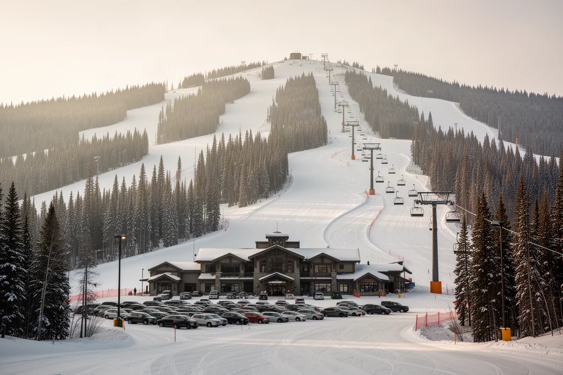 Front side slopes of a Sierra ski resort with a main lodge at the base