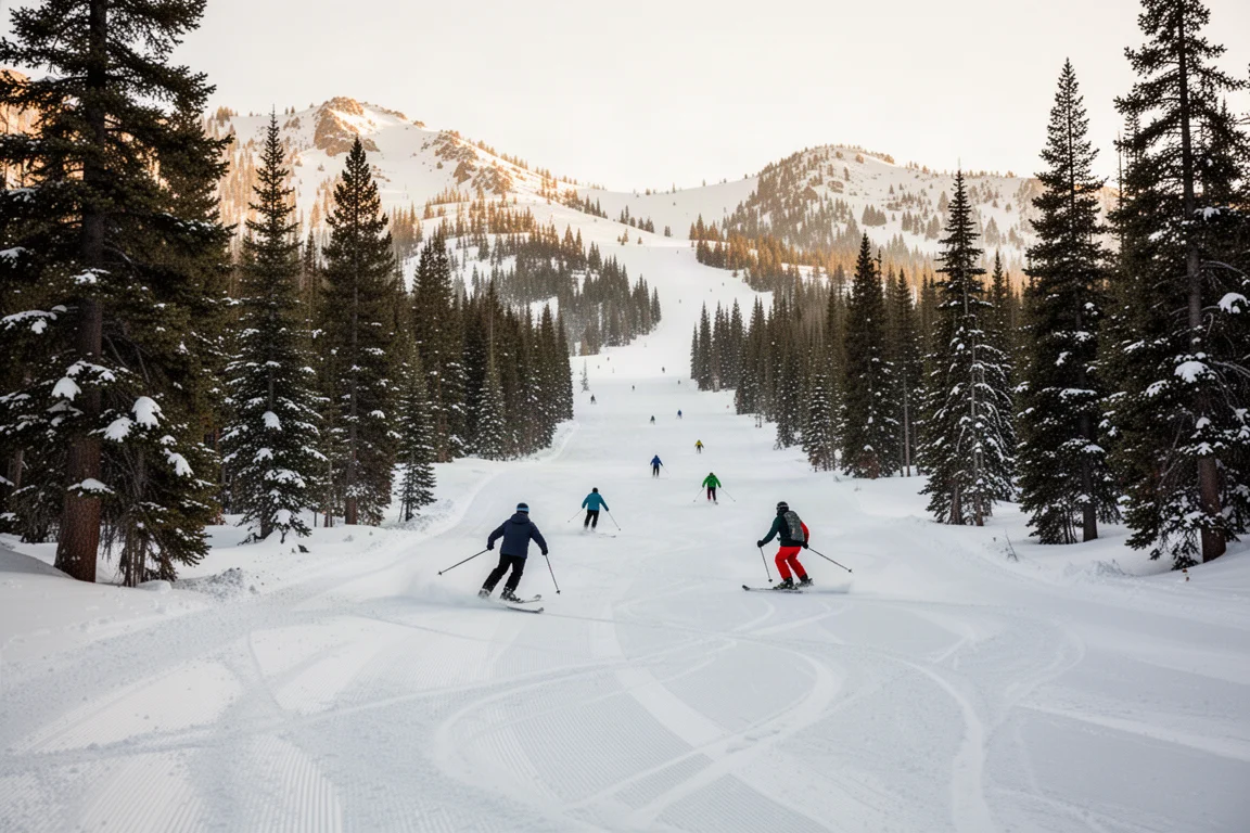 Intermediate skiers on long groomed blue runs through gladed terrain