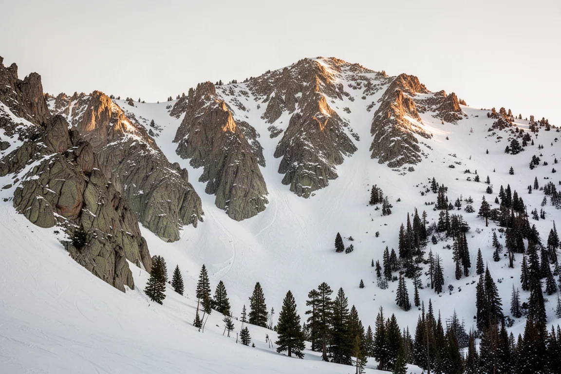 Expert terrain in a steep ungroomed Sierra bowl with cliffs and chutes