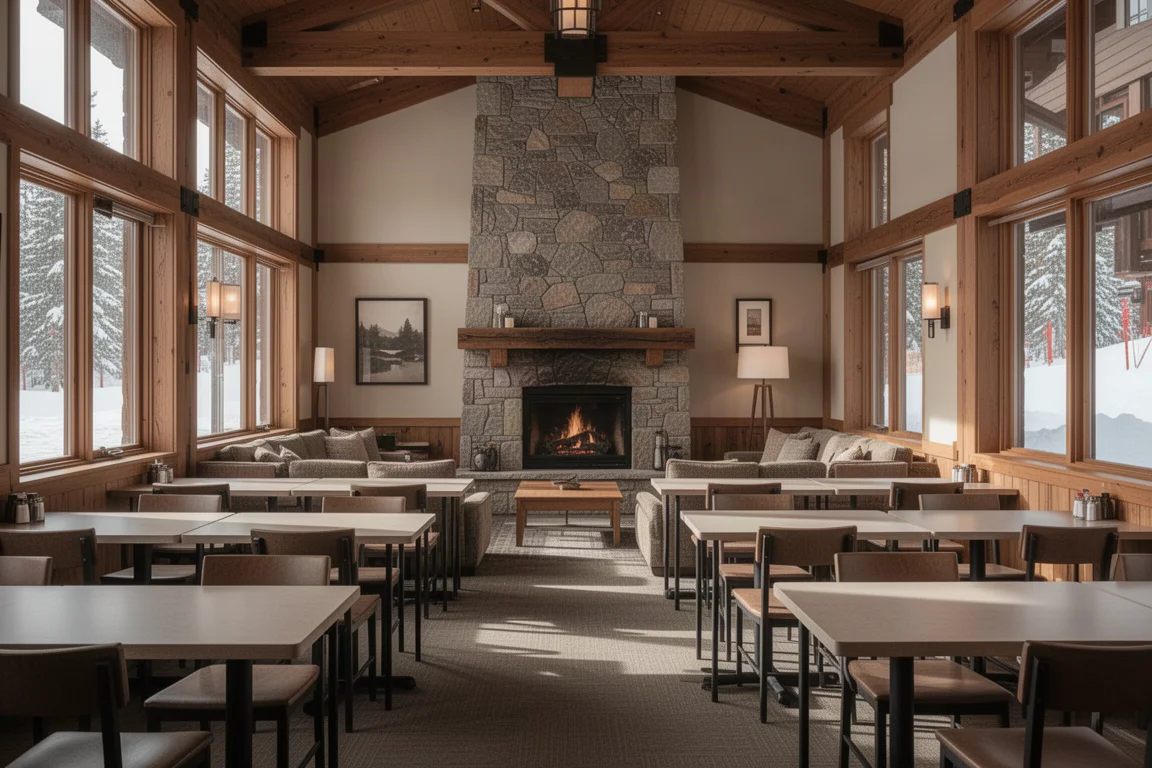 Base lodge cafeteria seating area with rustic Sierra architecture