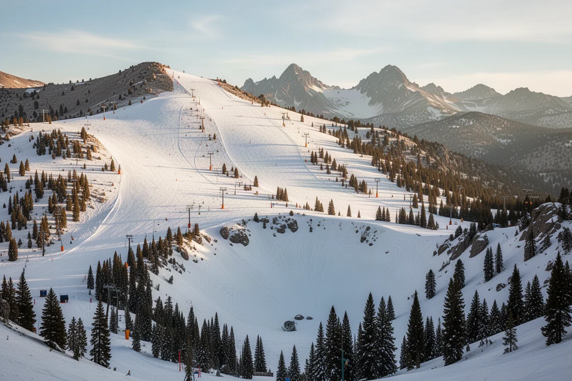 Sierra Nevada ski resort with groomed slopes, a steep bowl, and distant peaks