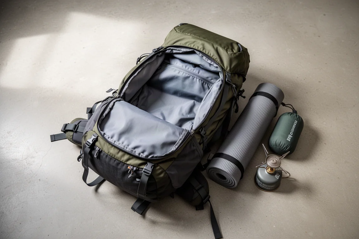 Mochila de gran capacidad abierta en un suelo de hormigón con el equipo dispuesto alrededor