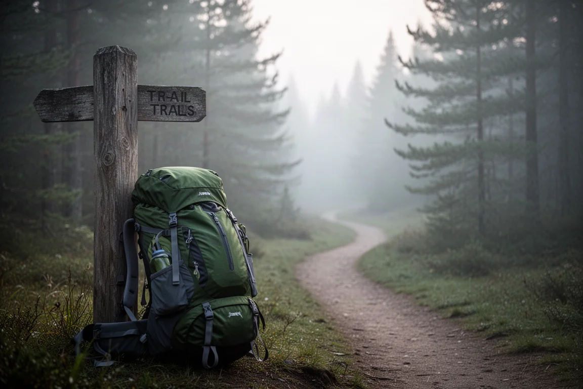 Mochila cargada apoyada en un poste de madera de inicio de sendero con niebla matinal