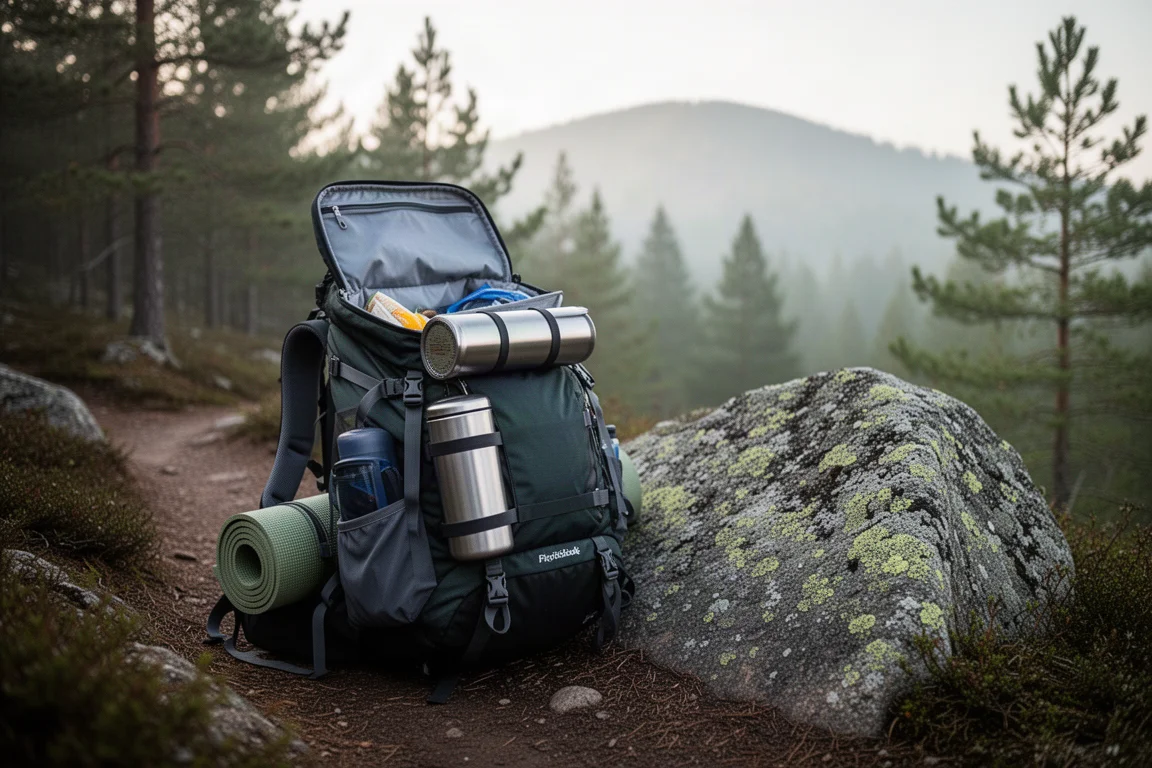 Volgepakte trekkingrugzak met een voedselbus onder het deksel op een bospad