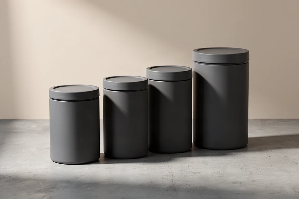 Four hard-sided cylindrical food canisters of ascending size in a row on concrete