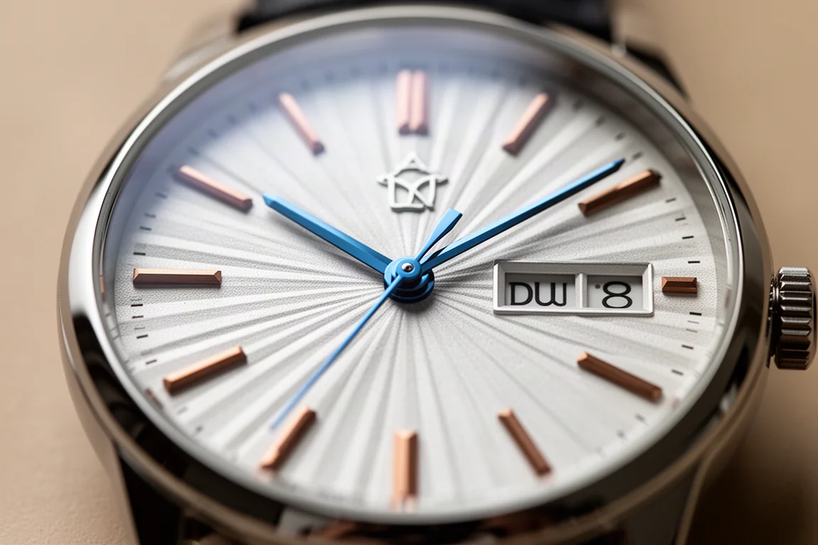 Automatic watch dial close-up showing silver-white finish, bronze markers, and blue hands