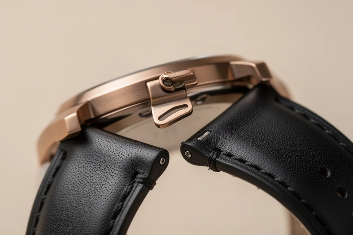 Quick-release lever on a watch strap being pulled to swap the band