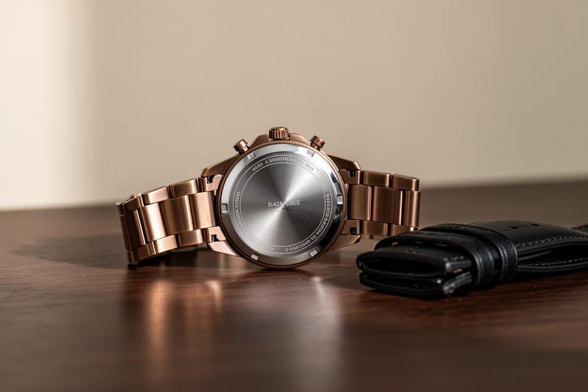 Automatic watch movement engraved JAPAN visible through the case back