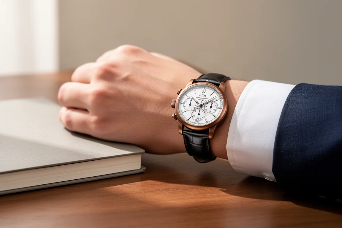 Watch on a wrist with a blue leather strap in soft natural light
