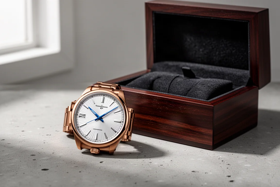 Orologio automatico Bearwood A06 White accanto a una confezione in legno aperta