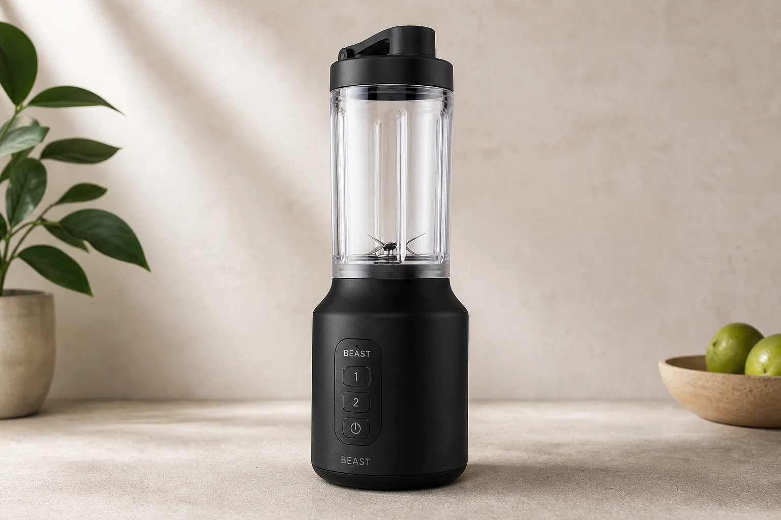 Vitamix Explorian E310, Ninja Professional Blender, and Beast Blender arranged on neutral backdrop