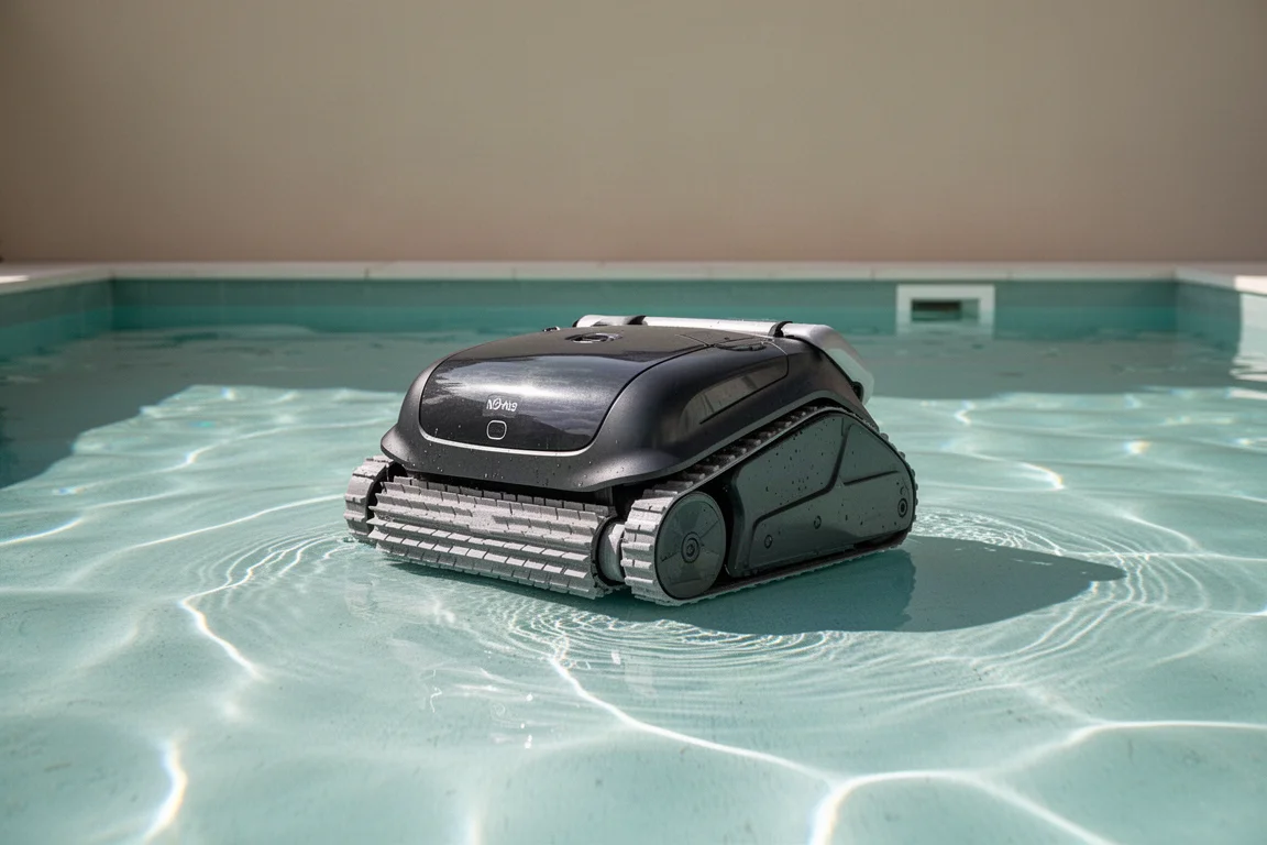 Robot de piscine posé au fond d'une piscine lumineuse