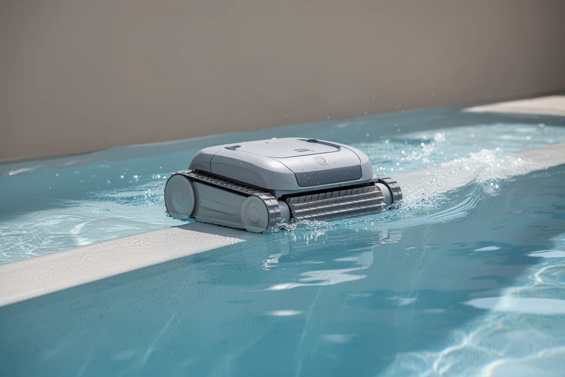 Nettoyage de la ligne d'eau le long du bord d'une piscine à midi