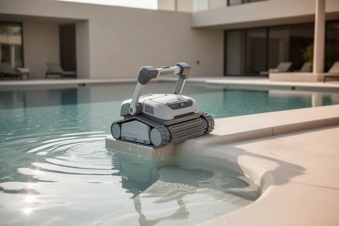 Robot nettoyeur abordant une marginelle peu profonde dans une piscine